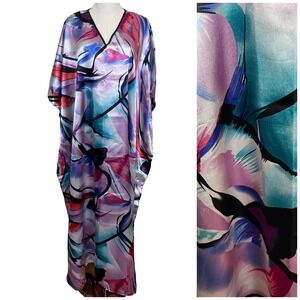 Winlar Vintage Abstract Watercolor Maxi Kaftan Dress One Size Blue Purple Boho